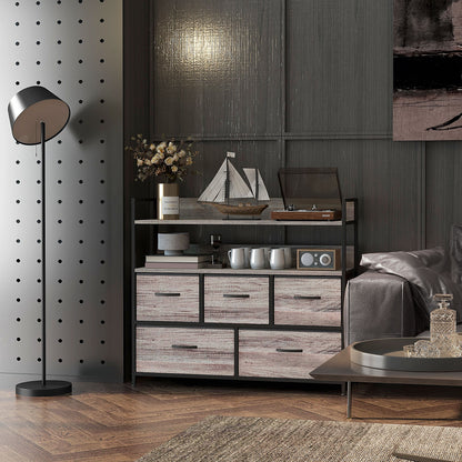 Rimo Fabric And Wood Grey Wood Effect 5 Drawer Rustic Storage Chest