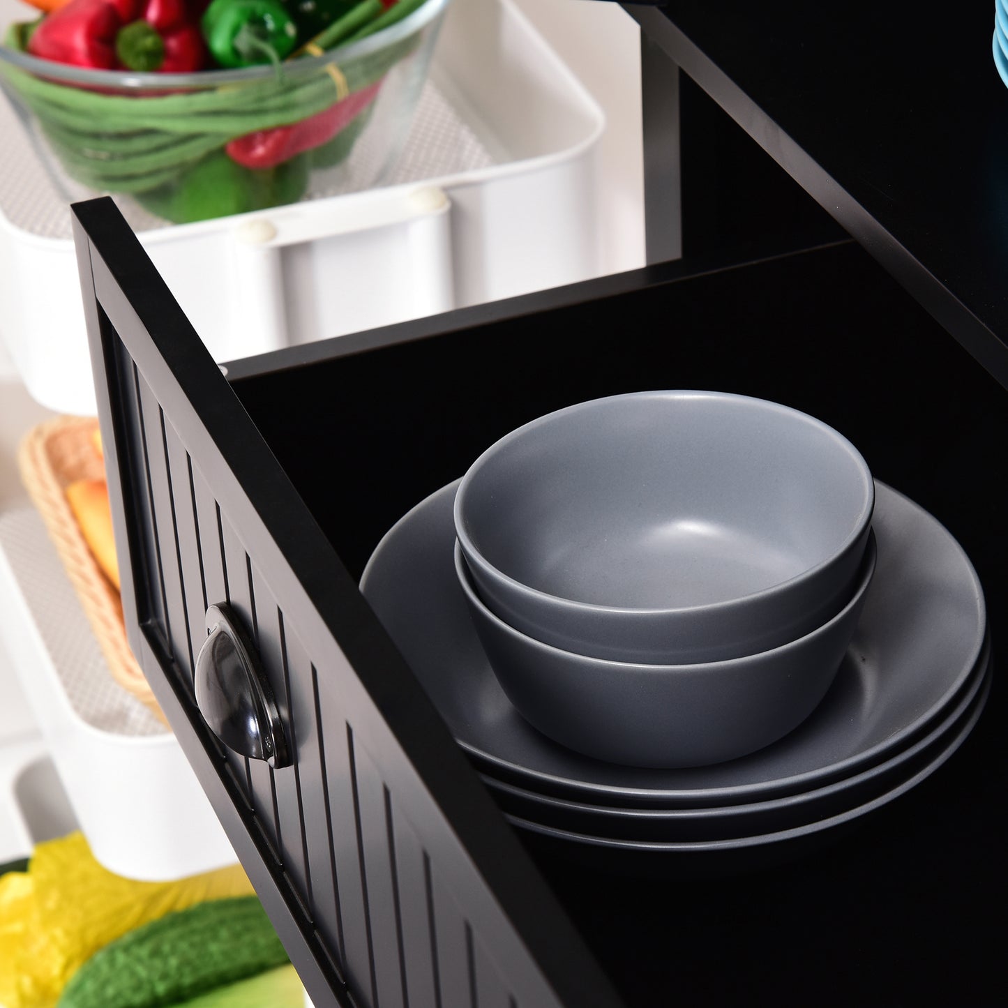 Nafino Wooden Black Freestanding Multi Storage Kitchen Cabinet