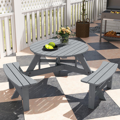 Taviba 6 Seater Grey Wood Round Picnic Table and Garden Benches Set