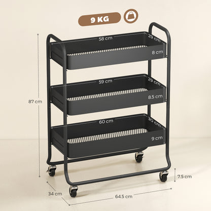 Rakemi Metal Black 3 Tier Rolling Utility Trolley With Mesh Baskets