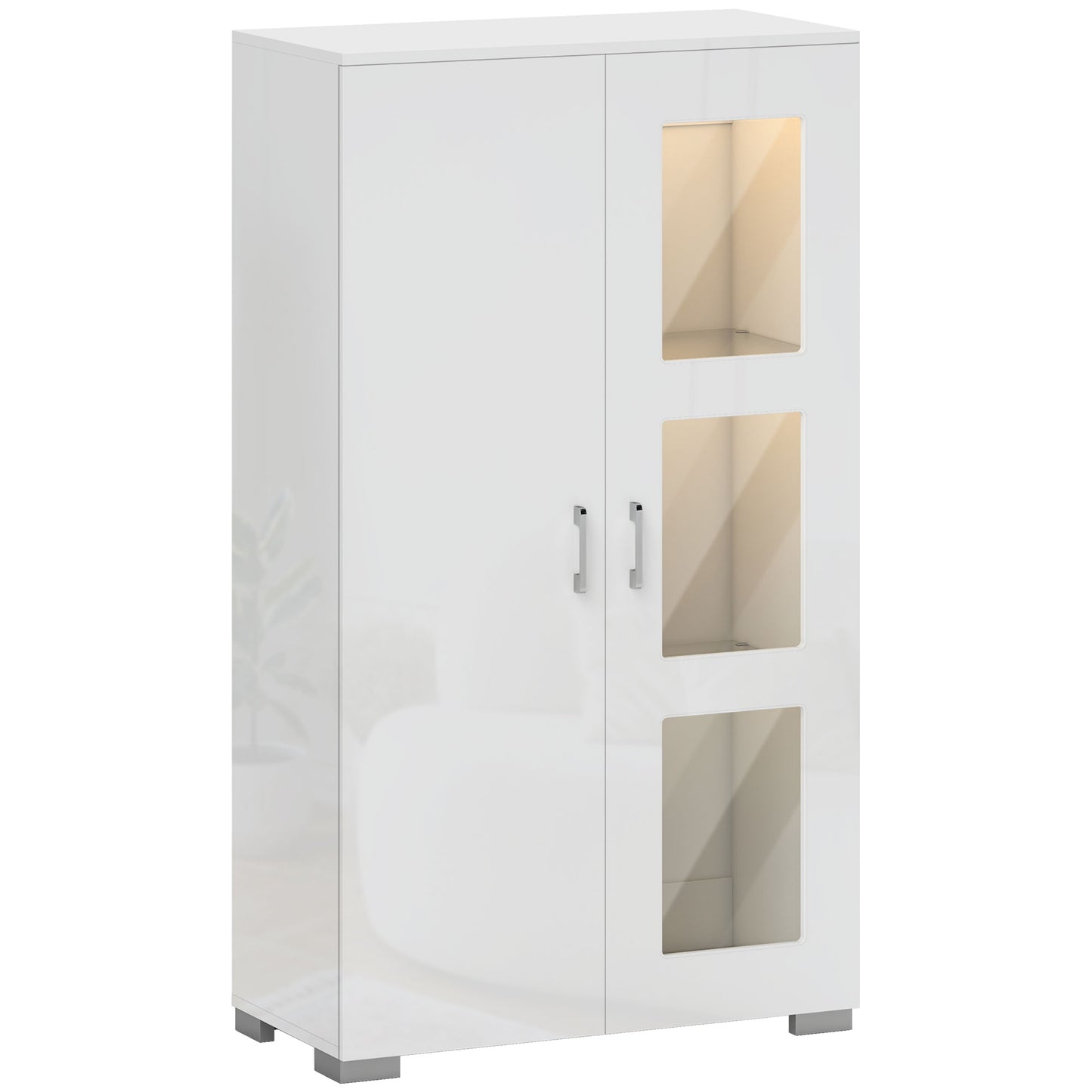 Sora Coma High Gloss White Tall Storage Cabinet Glass Doors 2 Shelves with LED Lighting