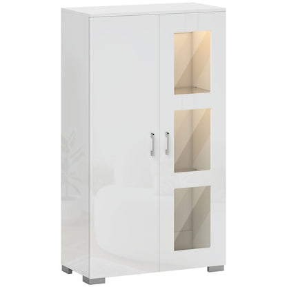 Sora Coma High Gloss White Tall Storage Cabinet Glass Doors 2 Shelves with LED Lighting