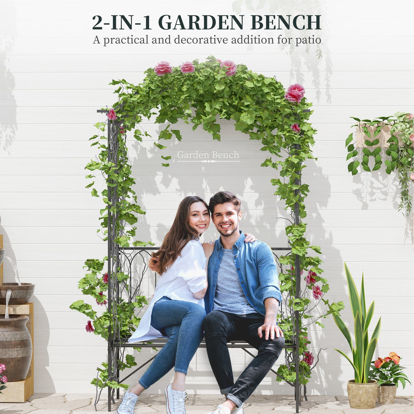Moretta Metal Black Garden Bench With Arched Trellis Frame For Climbing Plants 115 x 50 x 203 cm