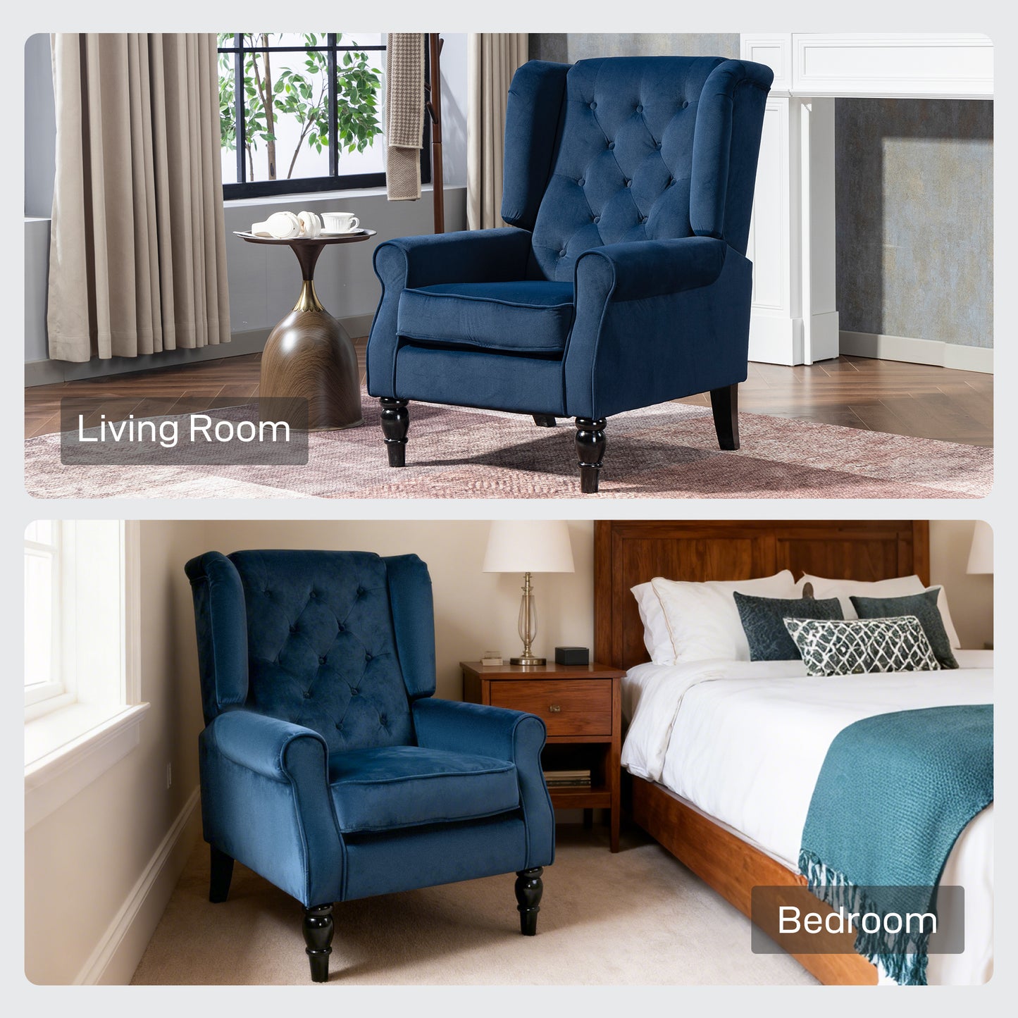Rake Dark Blue Retro Wingback Accent Chair With Button Tufted Upholstery