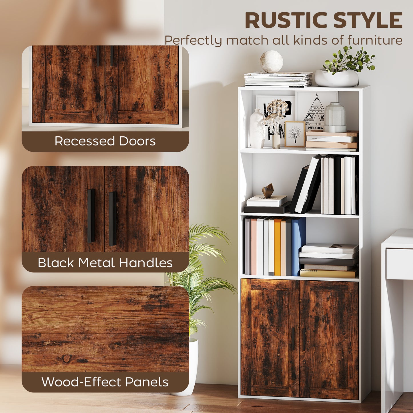 Selofi Wood Rustic Brown 5 Tier Bookcase With Adjustable Shelving