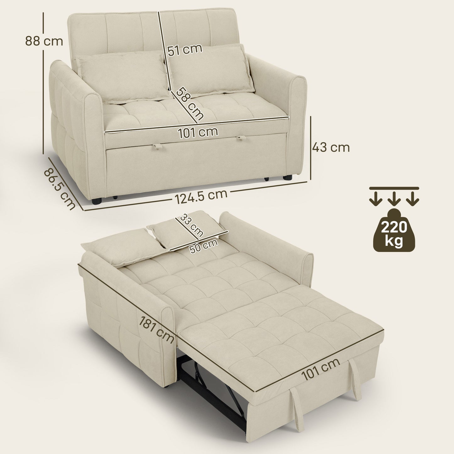 Noel Cream 3 In One 2 Seater Sofa Bed With Adjustable Back And Cushions