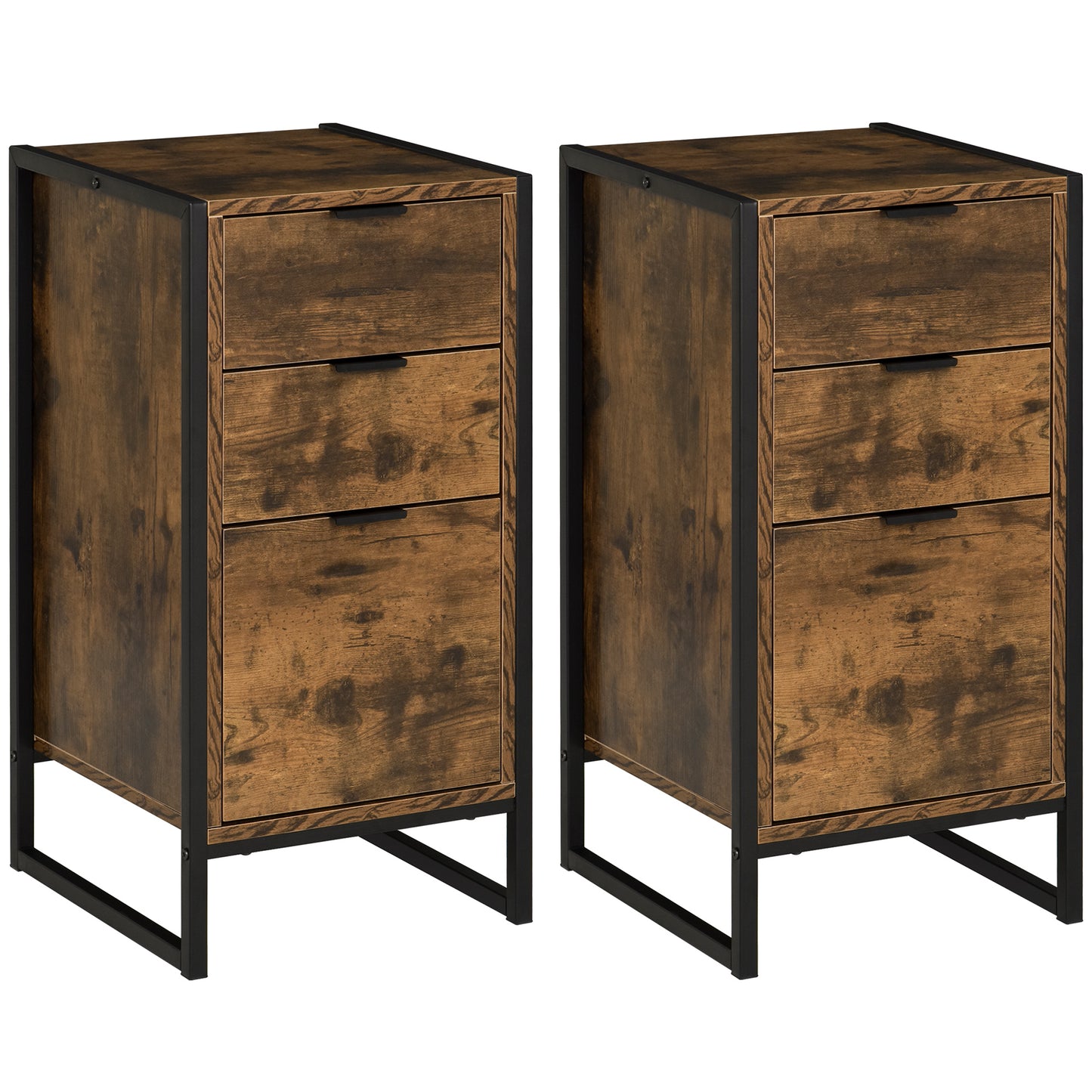Naba Metal and Wood Rustic Brown Set Of 2 Industrial 3 Drawer Storage Bedside Tables