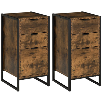 Naba Metal and Wood Rustic Brown Set Of 2 Industrial 3 Drawer Storage Bedside Tables