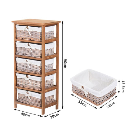 Yorila Wood Natural Finish 5 Drawer Dresser With Wicker Baskets