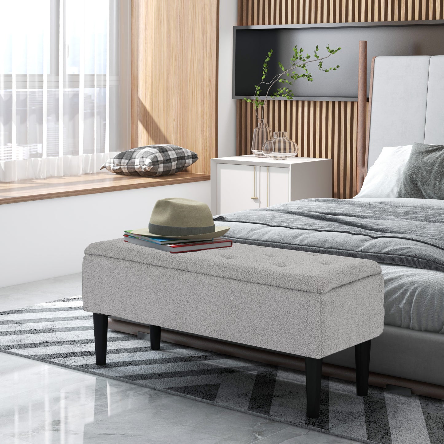 Vemovi Fabric Grey Storage Ottoman Bench With Wooden Legs 57 Litre