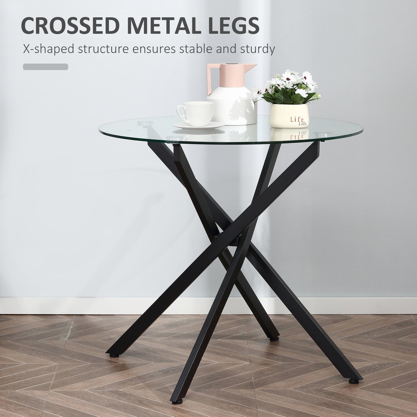 Bama Metal Black Round Glass Dining Table With Clear TemFauxred Top For Living And Dining Rooms
