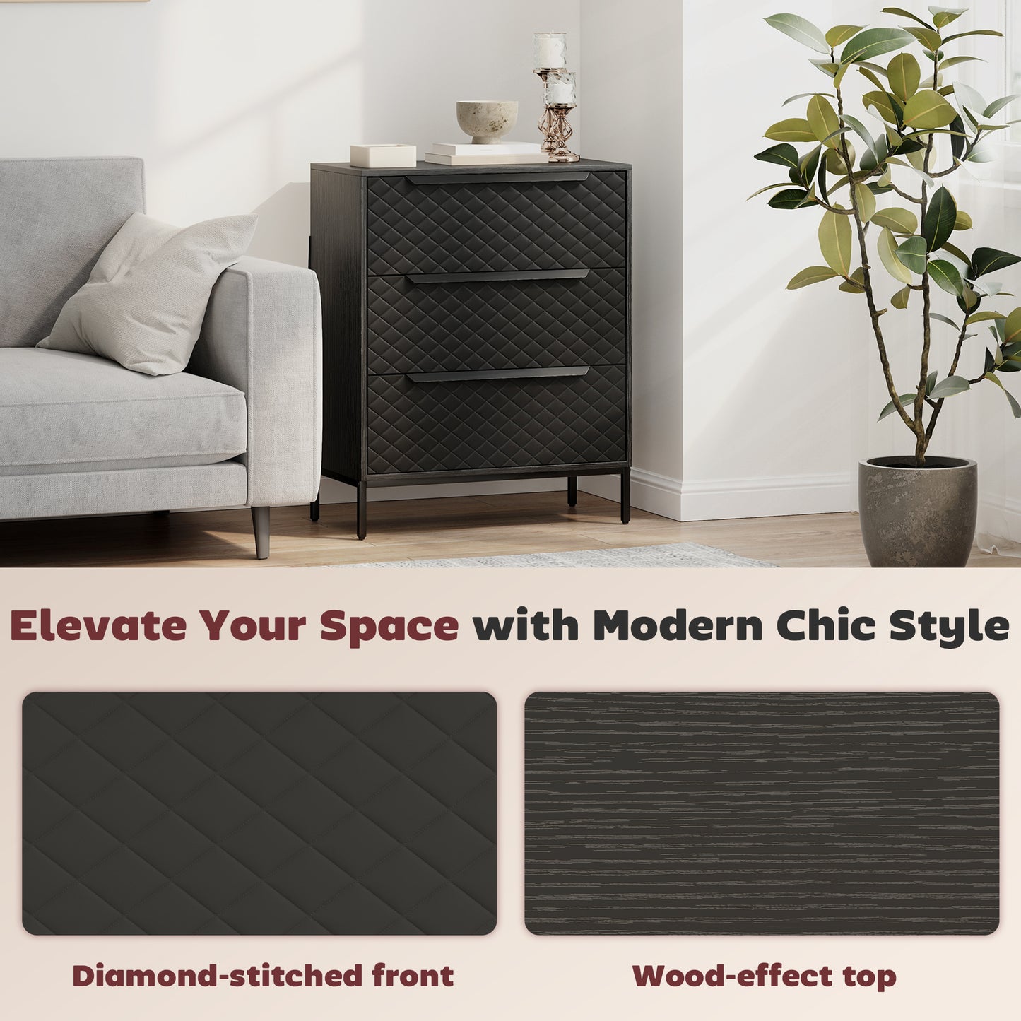 Salimo Metal Black 3 Fabric Drawer Storage Dresser