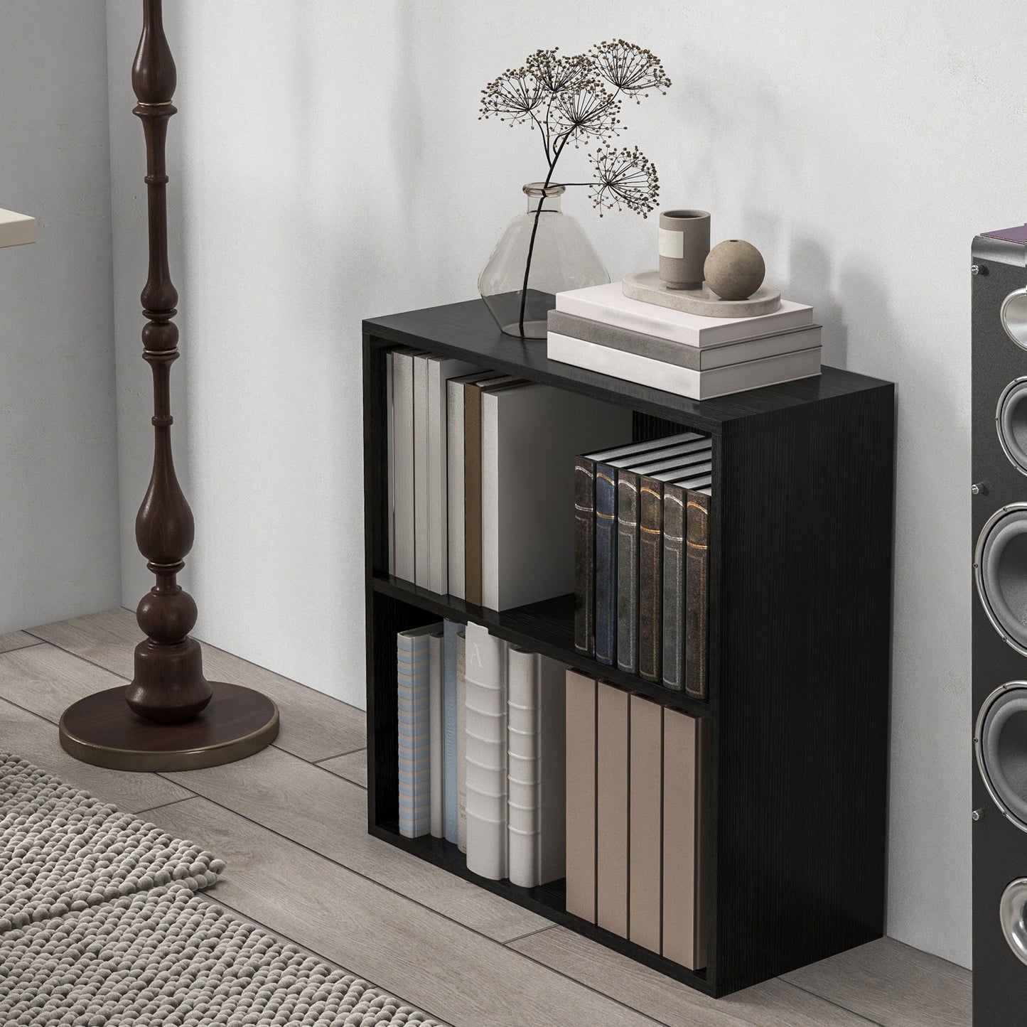 Roco Kepa Wood Black Low 2 Tier Bookcase With Adjustable Shelves