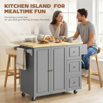 Norado Grey and Natural Wooden Rolling Kitchen Island With Drop Leaf Drawer Towel And Spice Racks