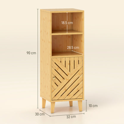 Mire Slim Freestanding Bathroom Storage Cabinet With Bamboo Door Legs And OFauxn Compartments Natural Wood Finish