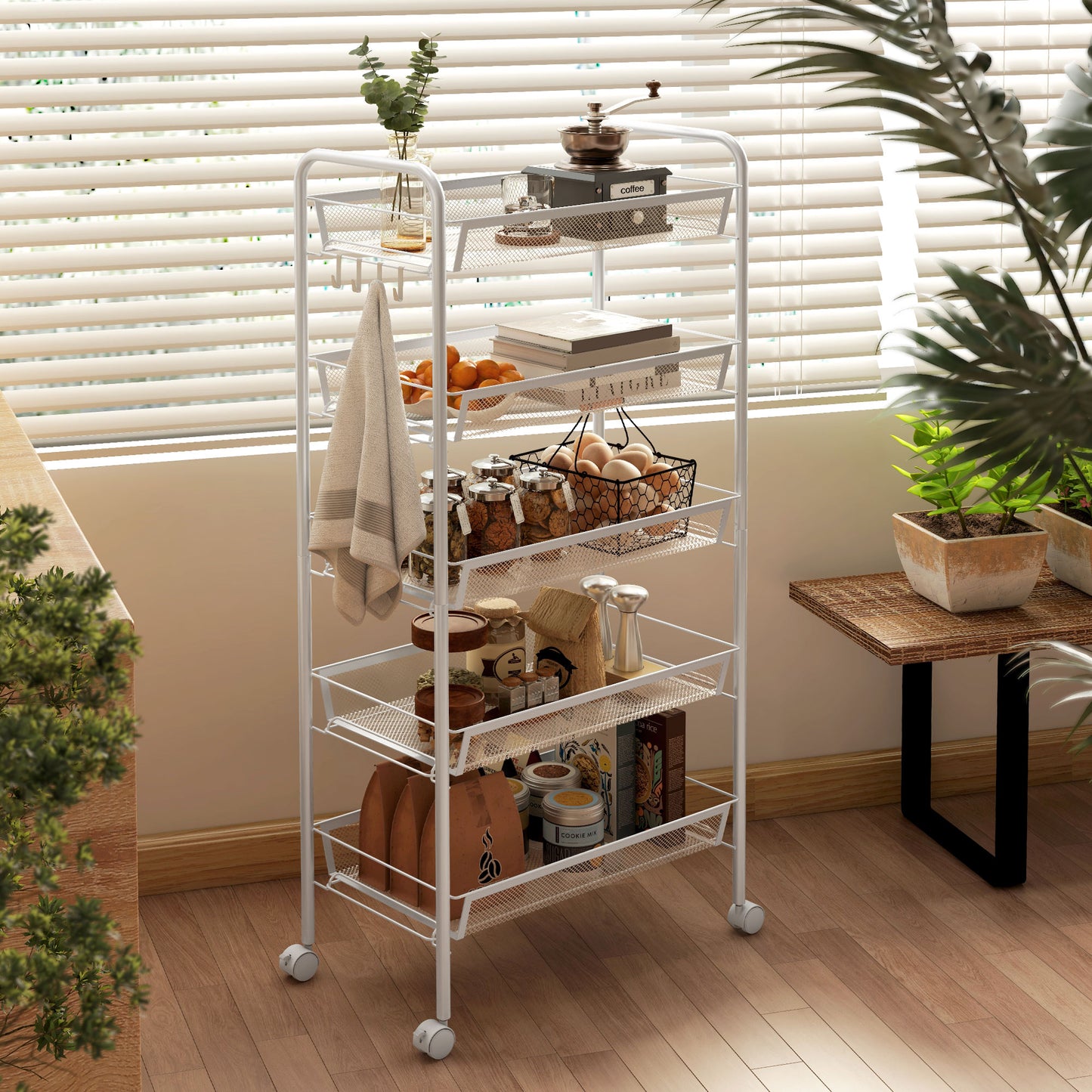 Visovi Metal White 5 Basket Steel Storage Trolley With Wheels