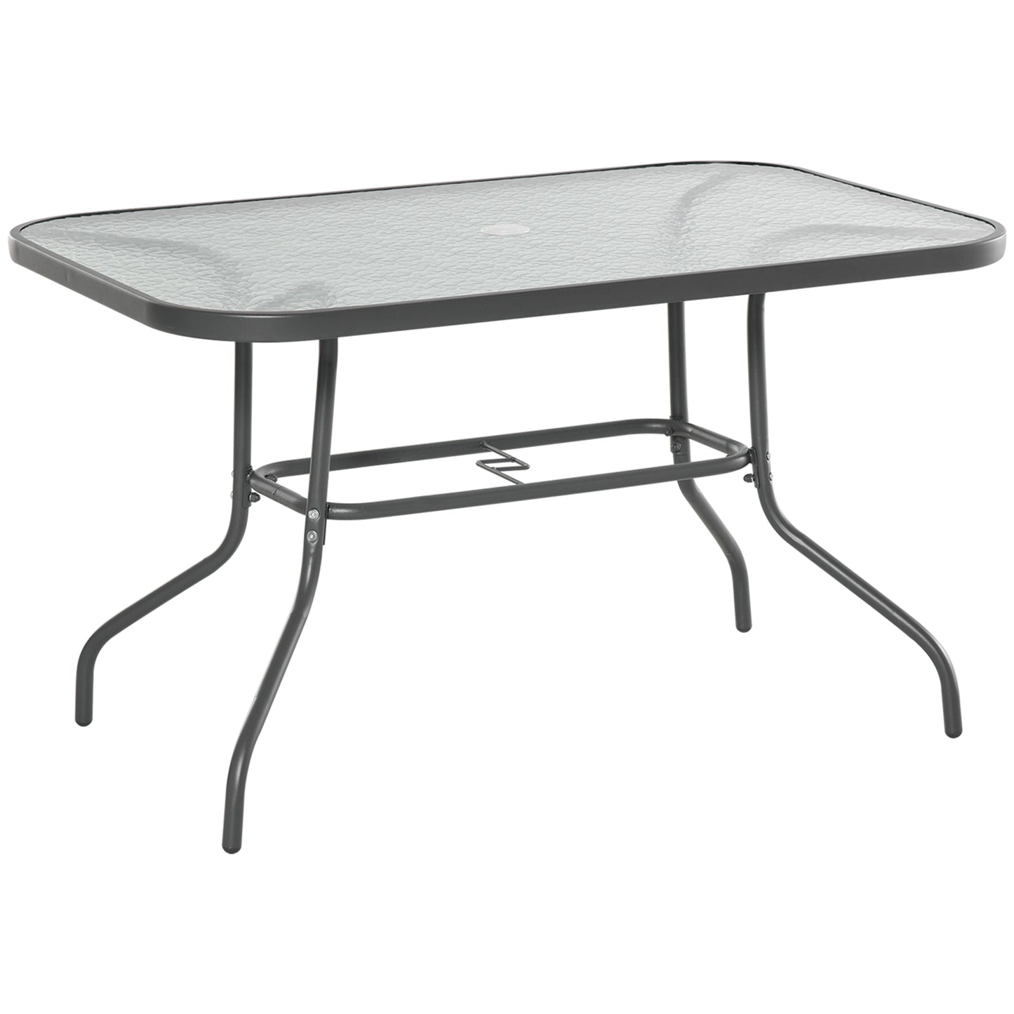 Lemone 120cm Metal Grey Rectangular Garden Dining Table With Glass Top And Parasol Hole
