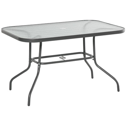 Lemone 120cm Metal Grey Rectangular Garden Dining Table With Glass Top And Parasol Hole