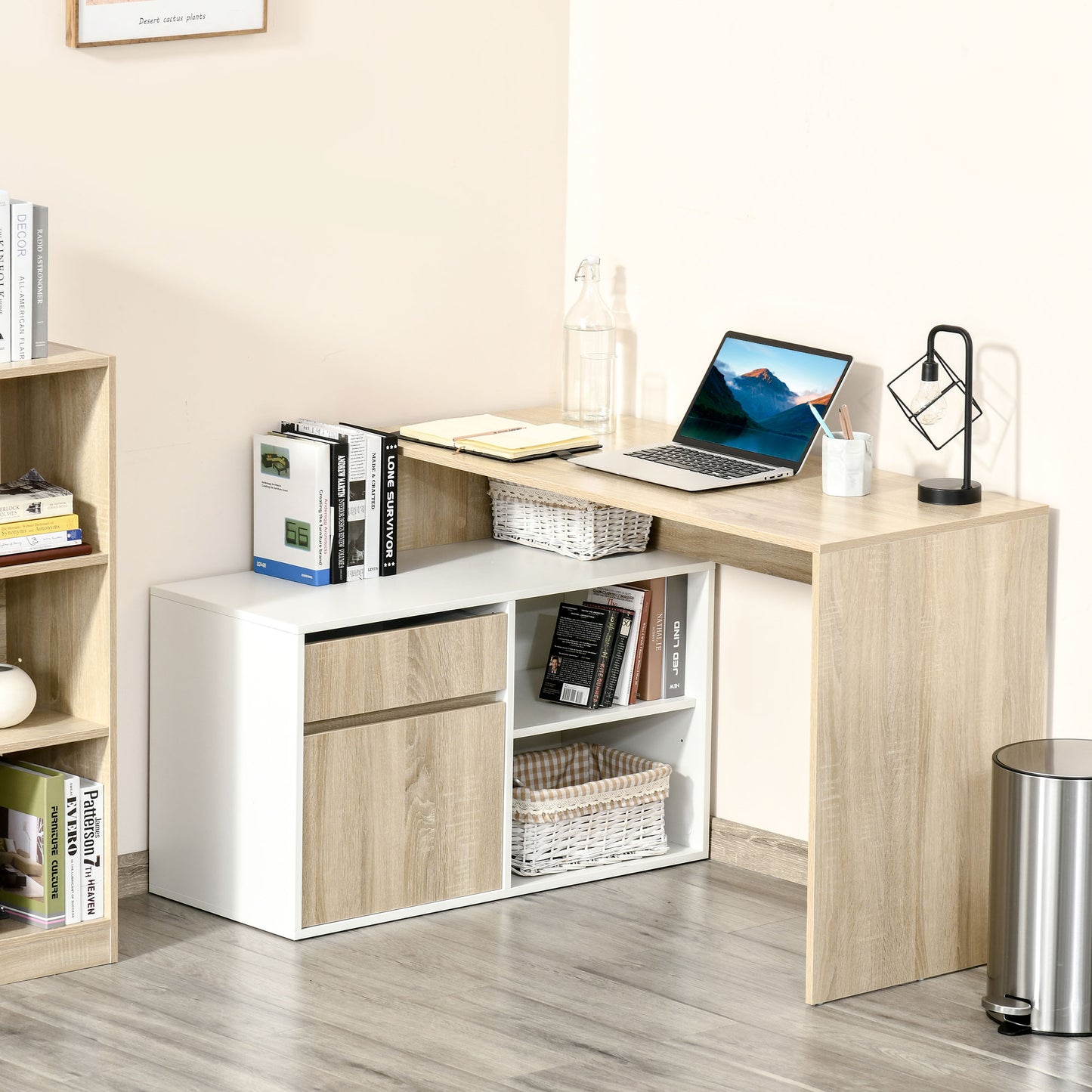 Kavi 120cm Wooden Oak And White L Shaped Desk With Drawer Shelving And Storage Cabinetm