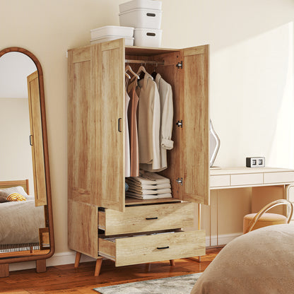 Corasoro Natural Wood Finish 2 Door Modern Wardrobe With 2 Drawers And Hanging Rail