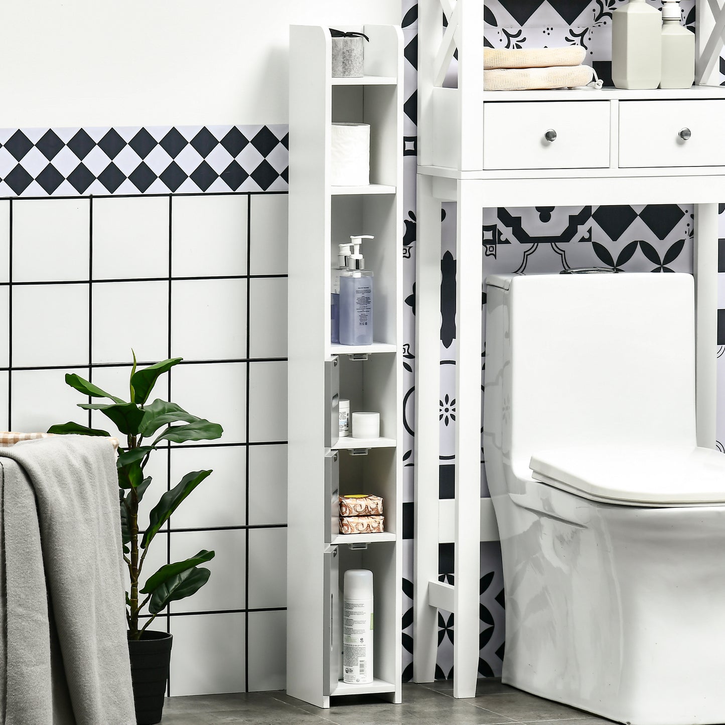 Dono Tall Freestanding Bathroom Storage Unit With OFauxn Shelves And Cupboards Grey