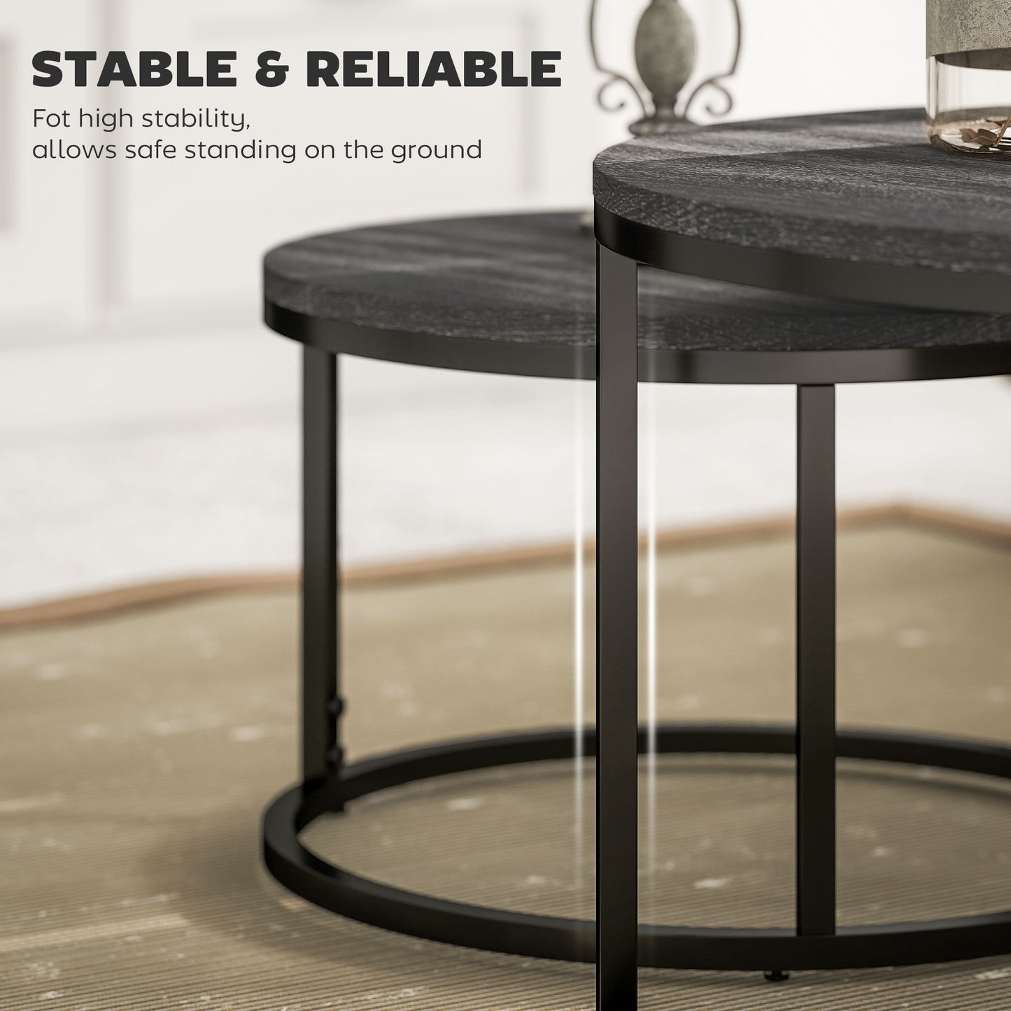 Rali Metal And Wood Black Set Of 2 Marble Effect Nesting Coffee Tables