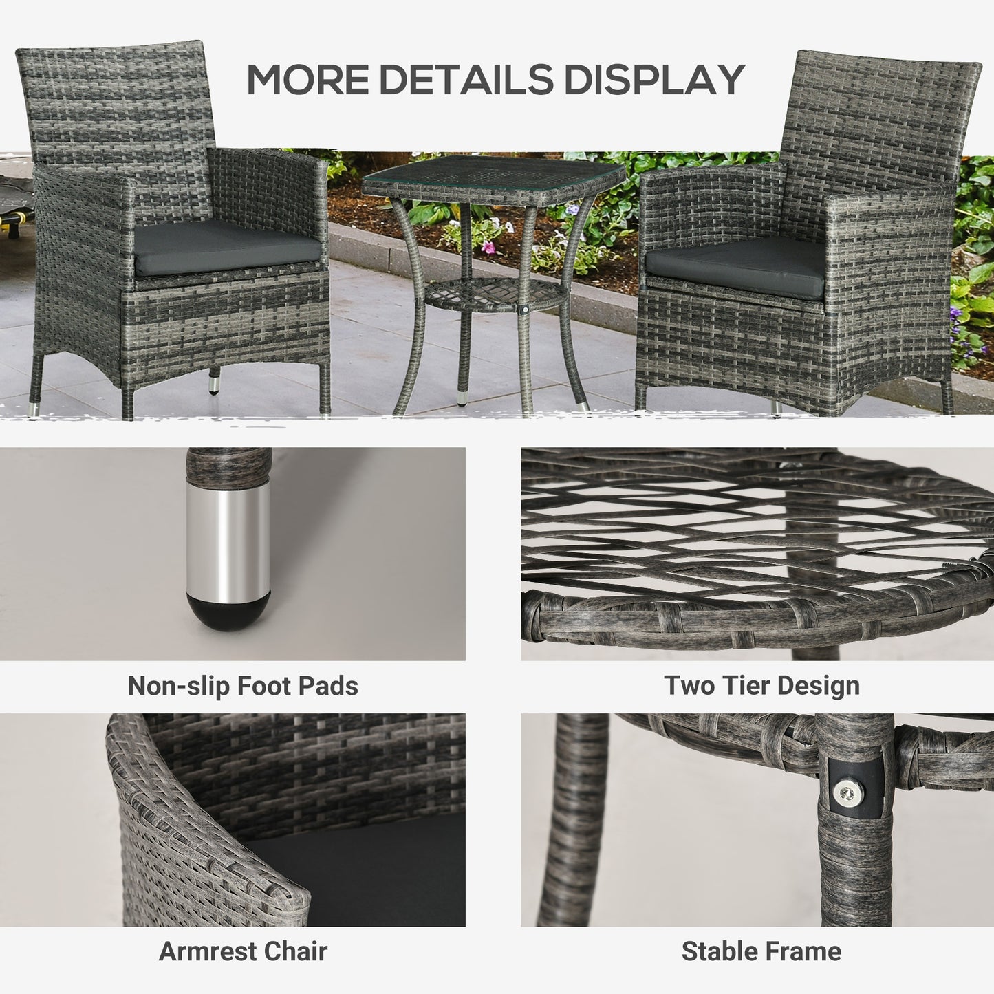Sami Rattan Grey 3 Piece Garden Bistro Set With 2 Tier Table And Cushions