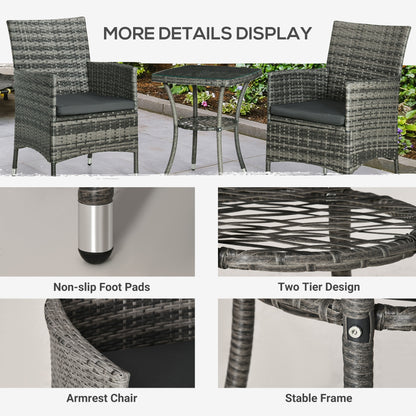 Sami Rattan Grey 3 Piece Garden Bistro Set With 2 Tier Table And Cushions