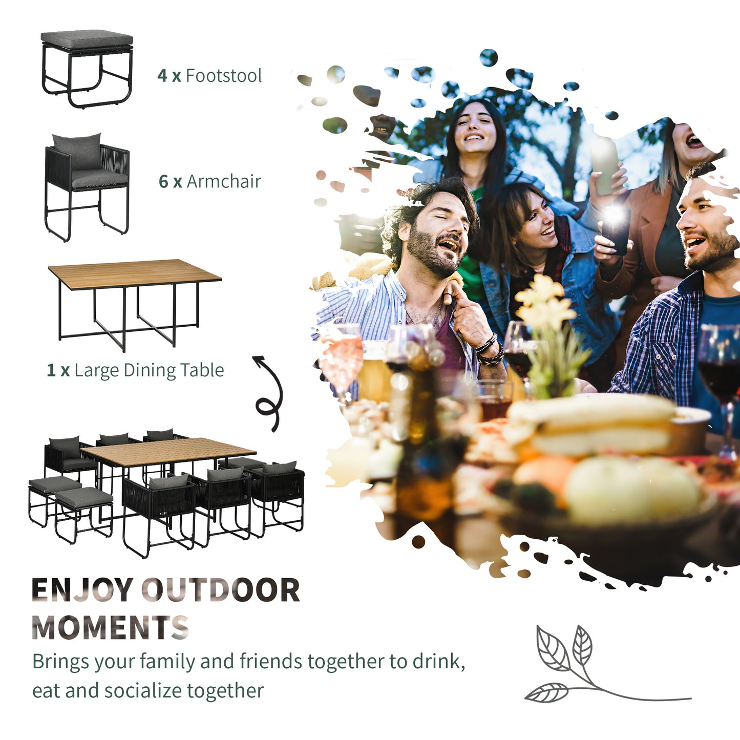 Latata Black Rattan String 10 Seater Cube Garden Dining Set With Stools And Rectangular Table