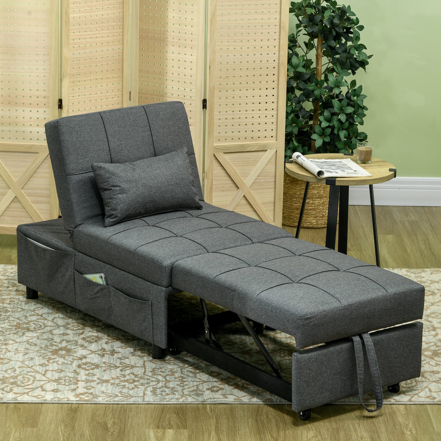 Bazi Fabric Grey 4 In One Convertible Chair Bed With Adjustable Back Side Pocket Wheels And Pillow