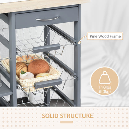 Nerake Metal Grey Rolling Kitchen Cart With 4 Basket Drawers And Side Racks