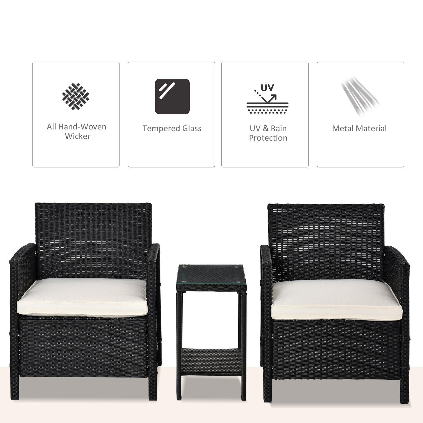 Tava Black Rattan 2 Seater Jack And Jill Garden Bistro Set with White Cushions