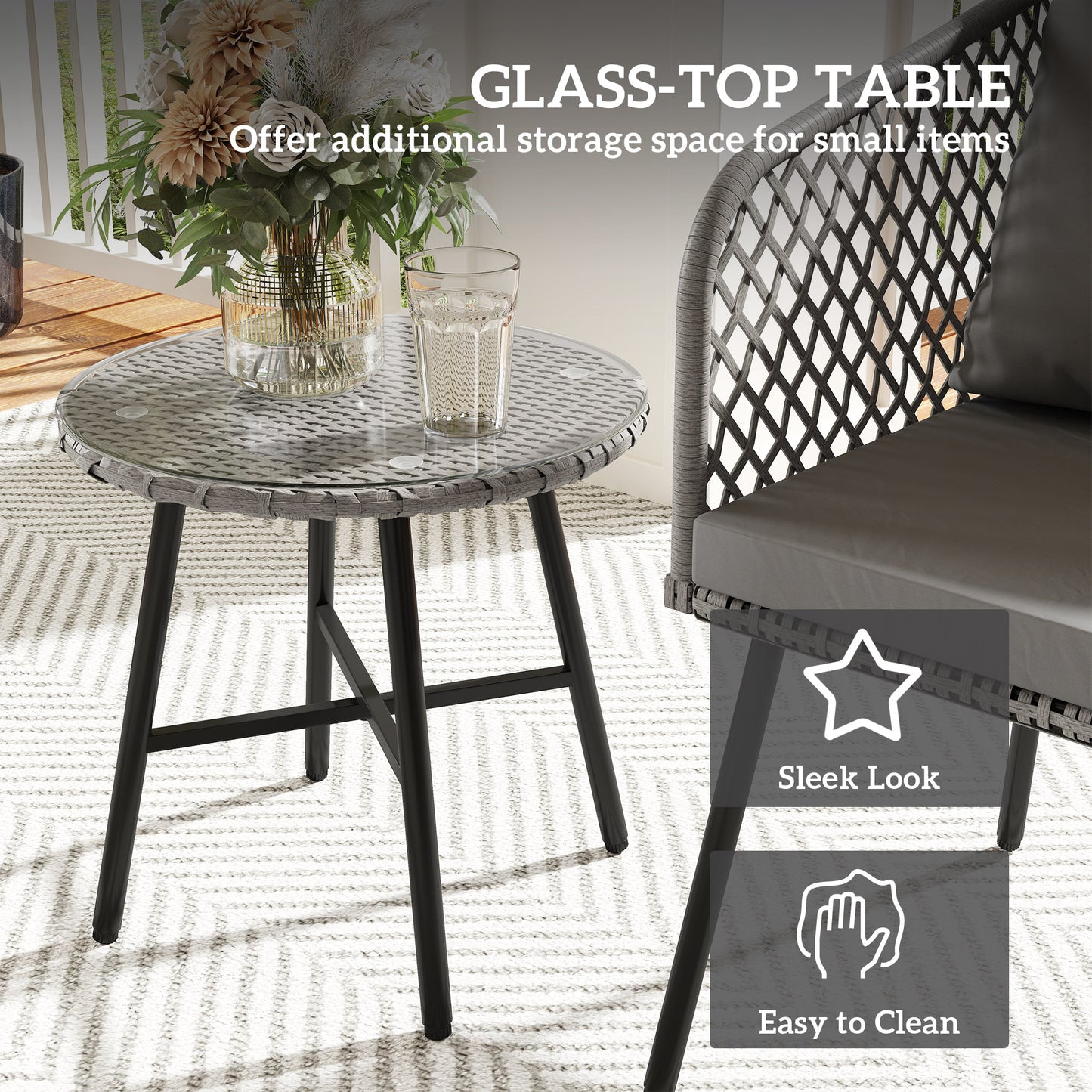 Fadi Natural Weaver Rattan Grey 3 Piece Bistro Set Table and Chairs