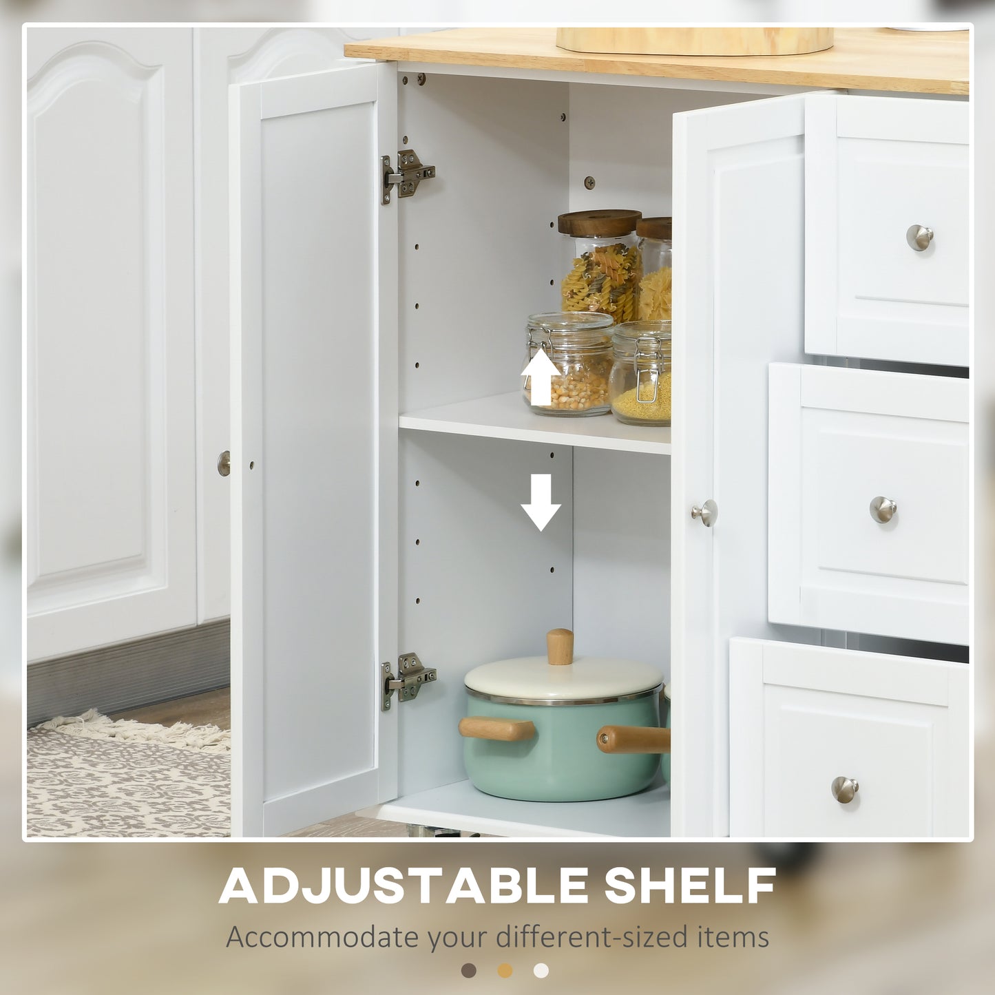 Cosoco Noli Wooden White Rolling Kitchen Island With Drop Leaf Drawers Spice Rack And Towel Rail