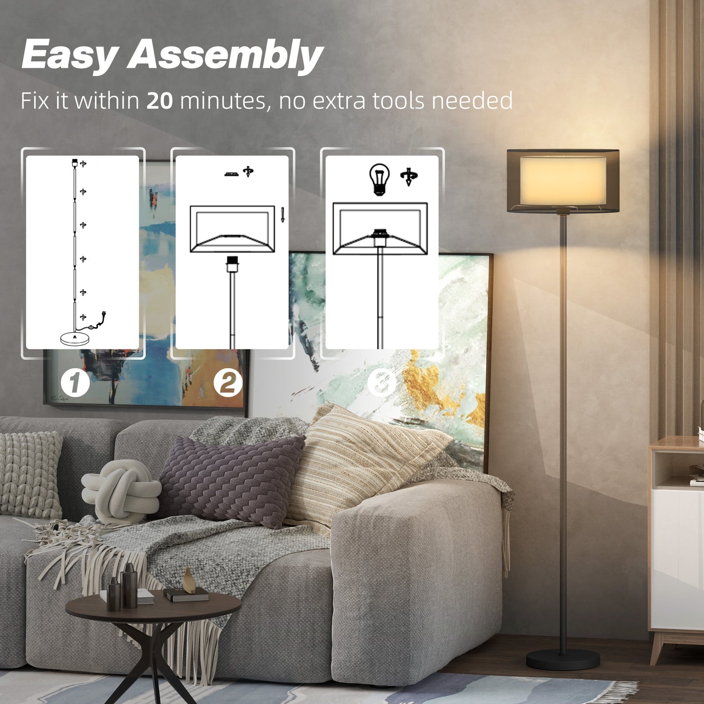 Mira Metal And Fabric Black Minimalist Floor Lamp With Double Layer Shade And Foot Switch