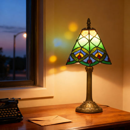 Mamavi Glass And Metal Green Tiffany Style Table Lamp With Geometric Stained Design