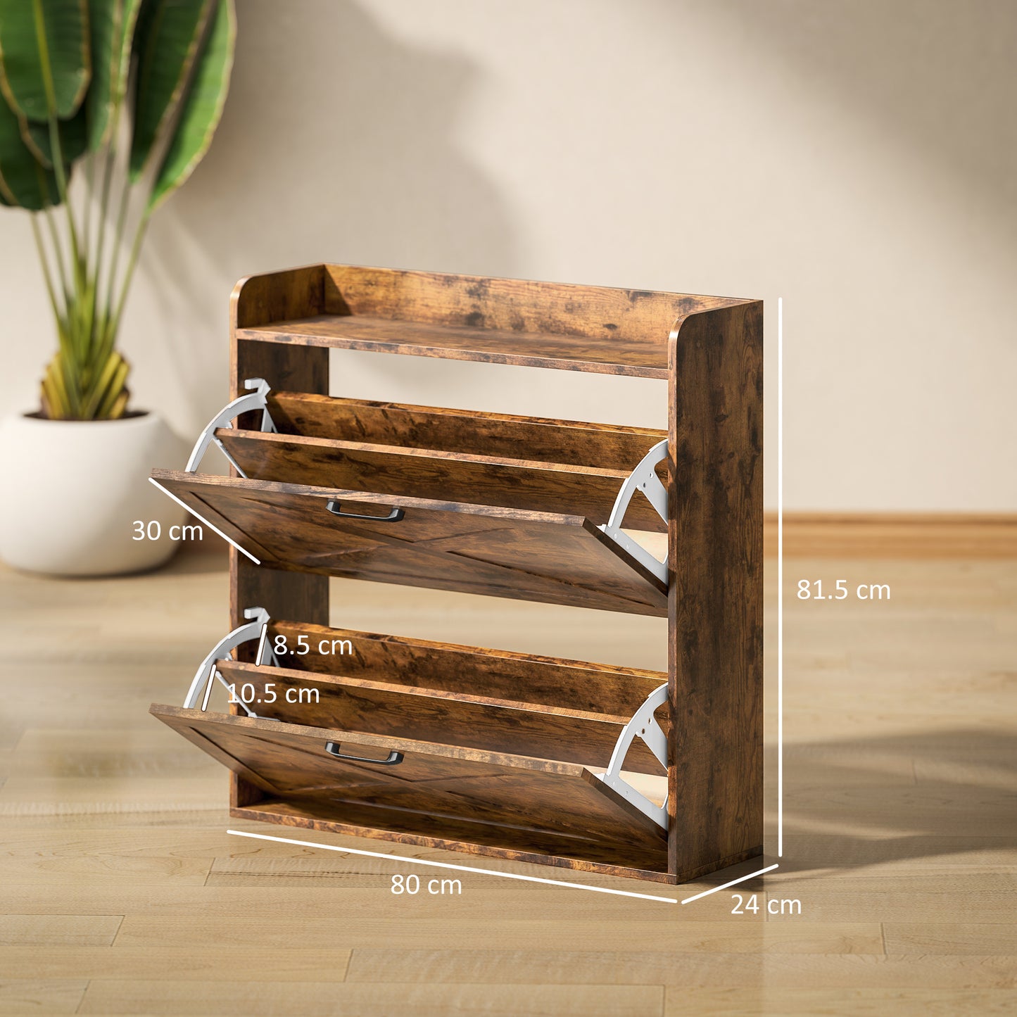 Banone Wooden Rustic Brown Narrow Shoe Cabinet With 2 Flip Drawers and Shelf