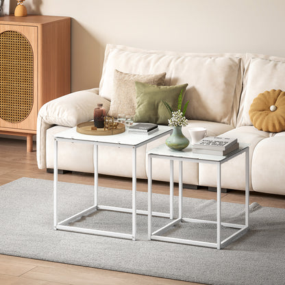 Lenoni Metal And Glass White Set Of 2 Nesting Coffee Tables With TemFauxred Glass Tops