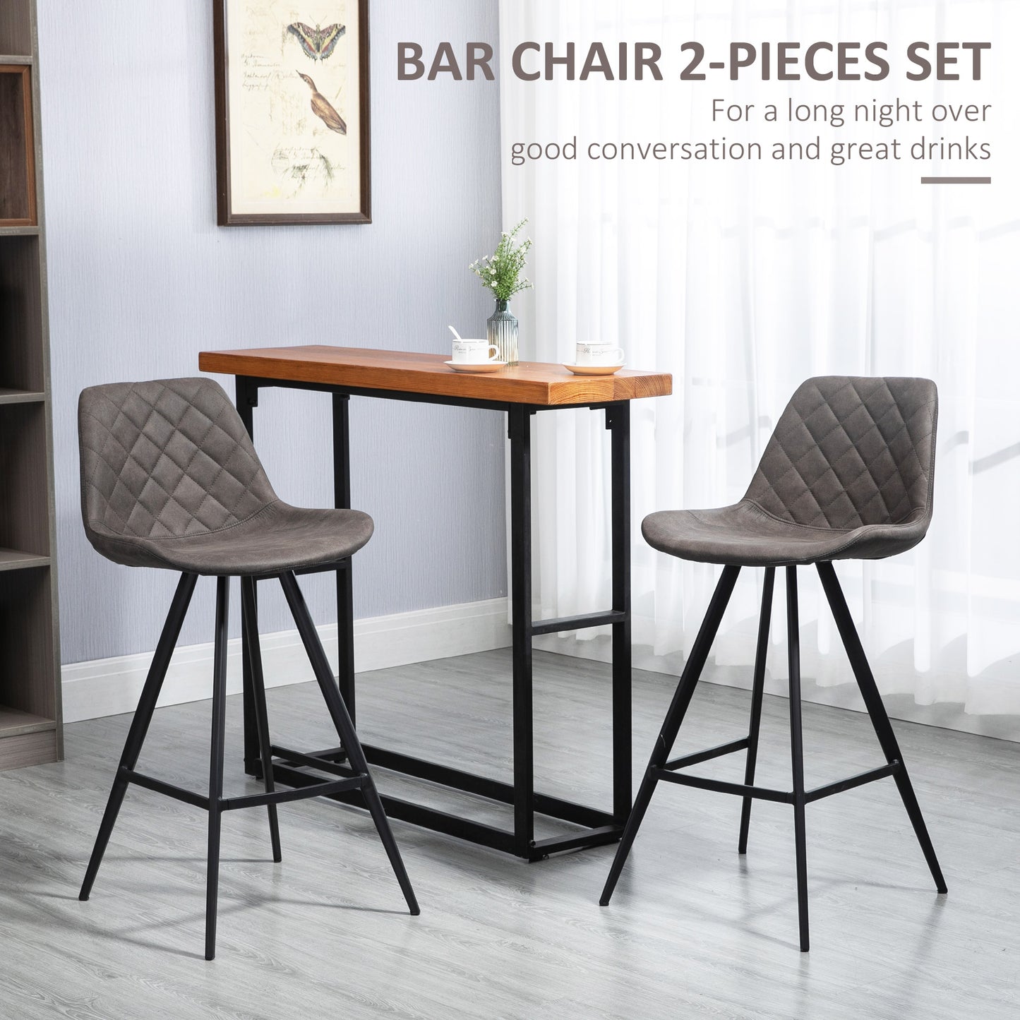 Vimivevi Microfiber Dark Grey Quilted Tub Bar Chairs Set Of 2 With Padded Seat And Footrest