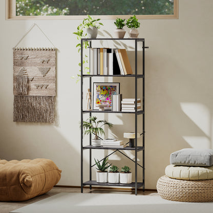 Livemi Metal And Wood Dark Grey And Black 5 Tier Industrial Bookcase