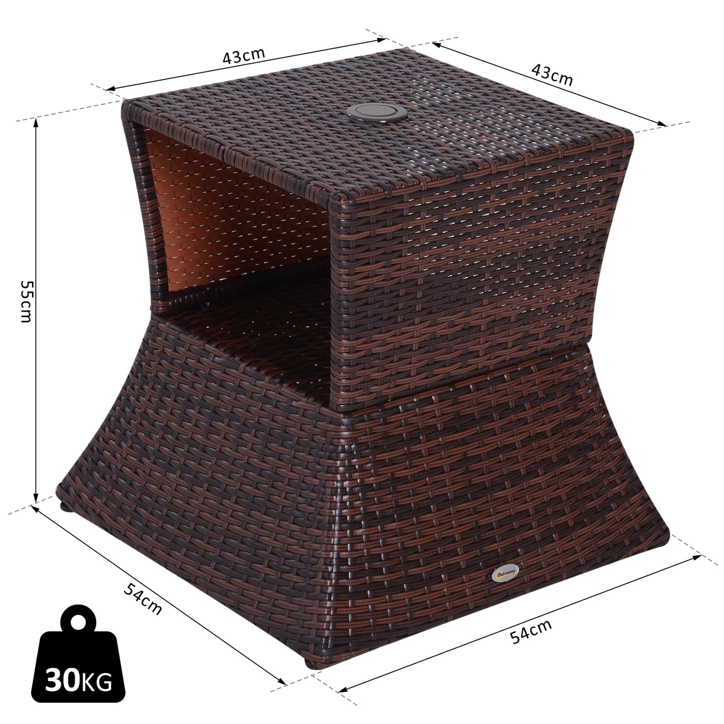Lekavi Rattan Brown Outdoor Coffee Table With Umbrella Open And Shelf