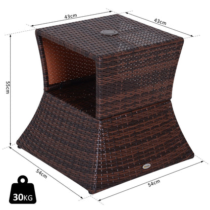 Lekavi Rattan Brown Outdoor Coffee Table With Umbrella Open And Shelf