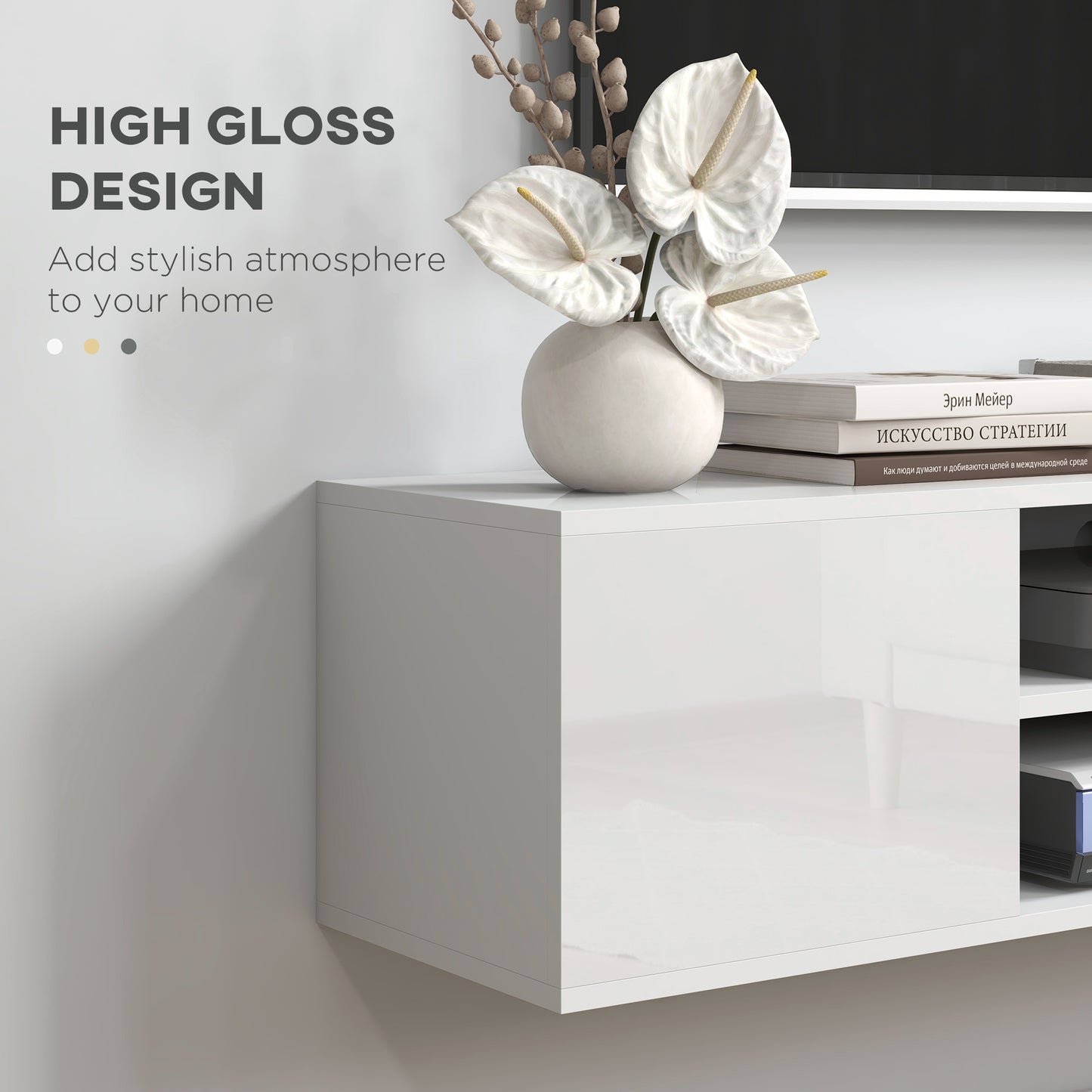 Lumipa 140cm High Gloss White Floating TV Stand With Open Shelves And Doors For Screens Up To 60 Inches