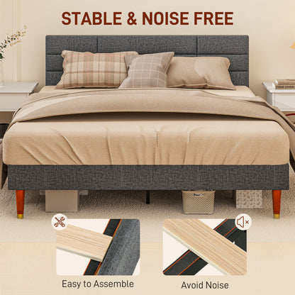 Narane 5FT Grey Upholstered King Bed Frame With Slatted Base and Fruitwood Legs