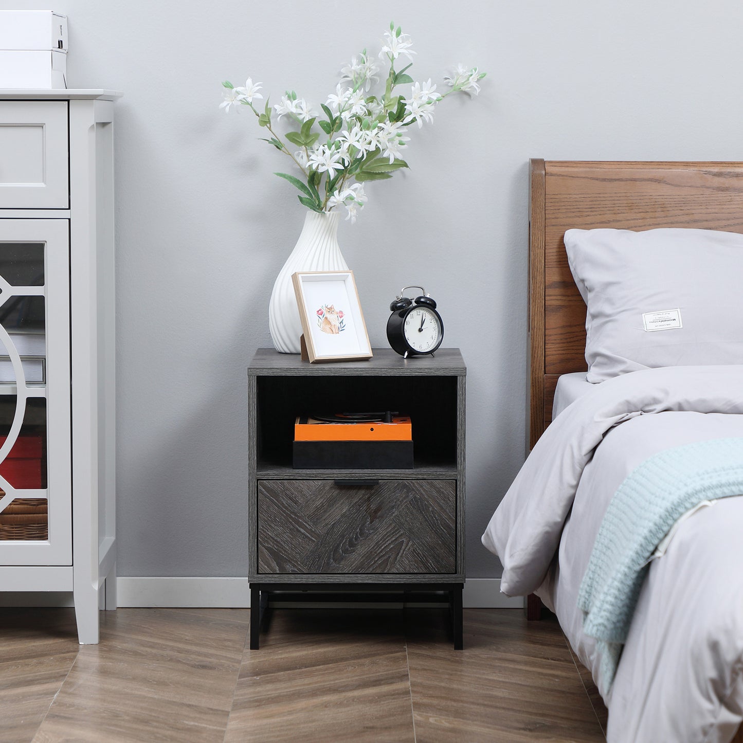 Halapa Set Of 2 Dark Grey Wood Bedside Tables With Drawer And Top Shelf