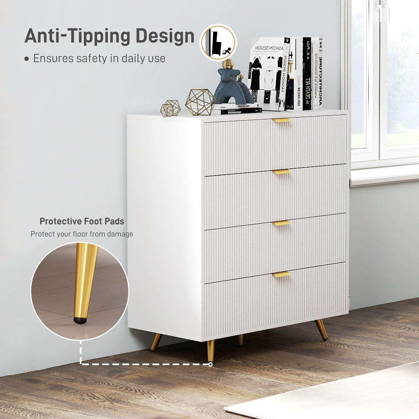 Refa Wooden White Elegant 4 Drawer Bedside Storage Table