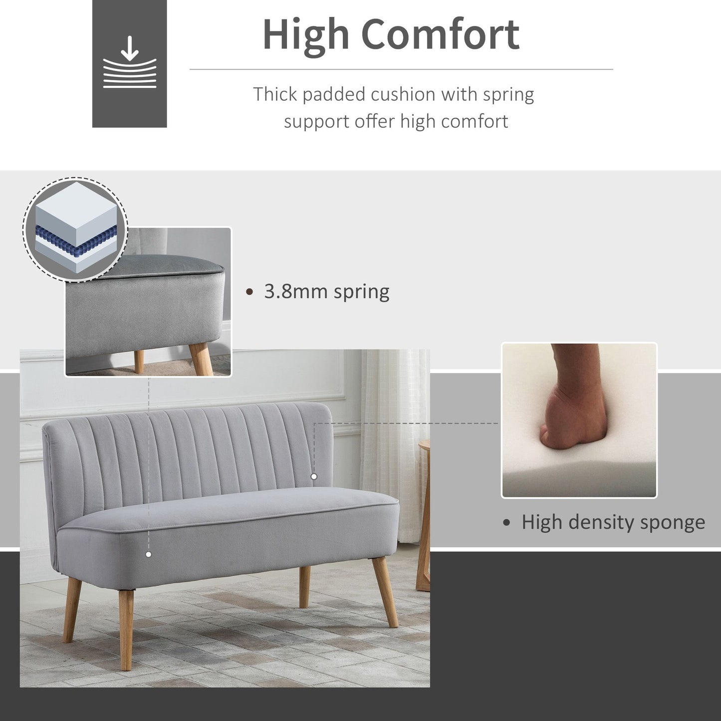 Nebalo Light Grey Velvet 2 Seater Sofa With Wooden Angled Legs Panelled Stitch Back