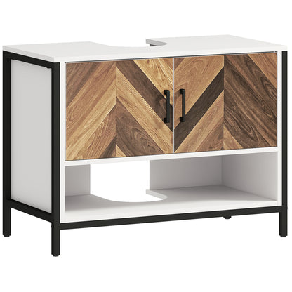 Saha Rato Rustic Cream White Under Sink Cabinet With Herringbone Doors And OFauxn Compartment