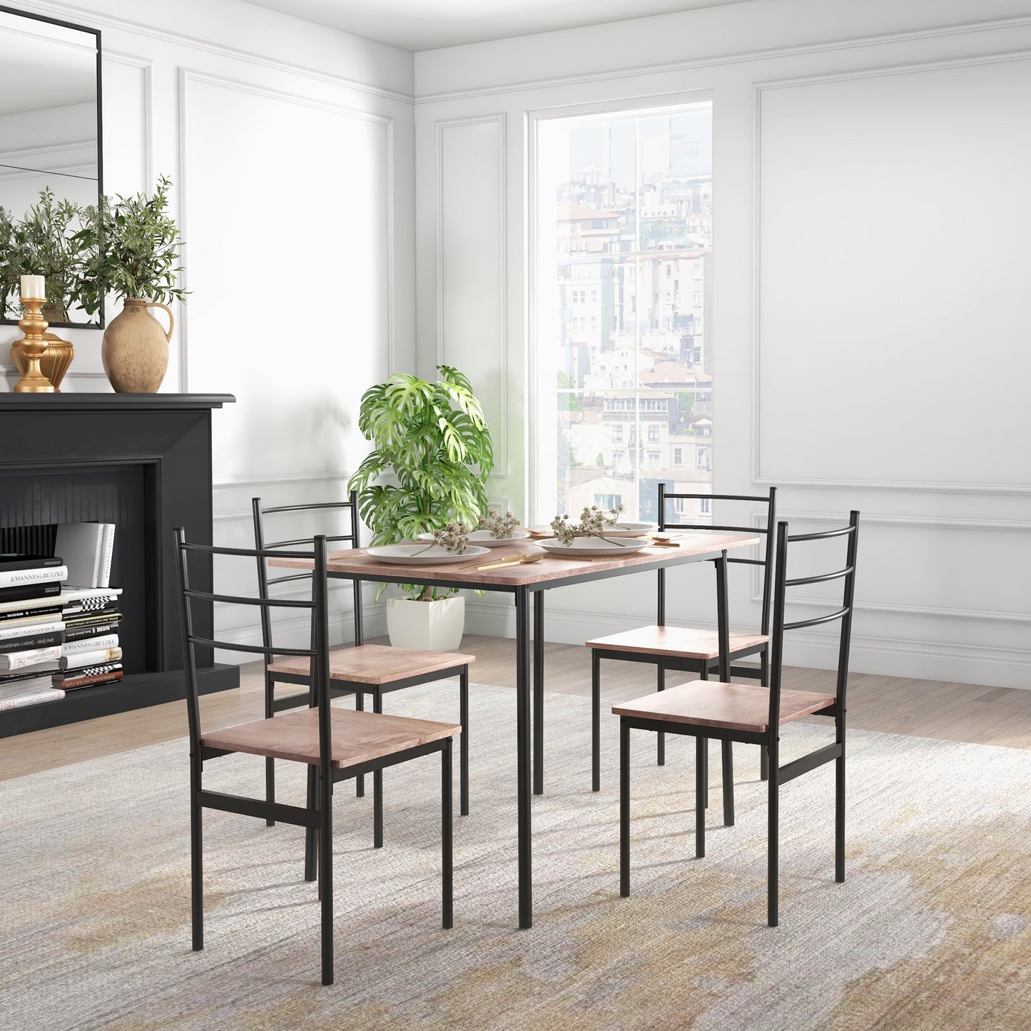 Kaloro Metal And Wooden Black 5 Piece Space Saving Dining Table And Chair Set