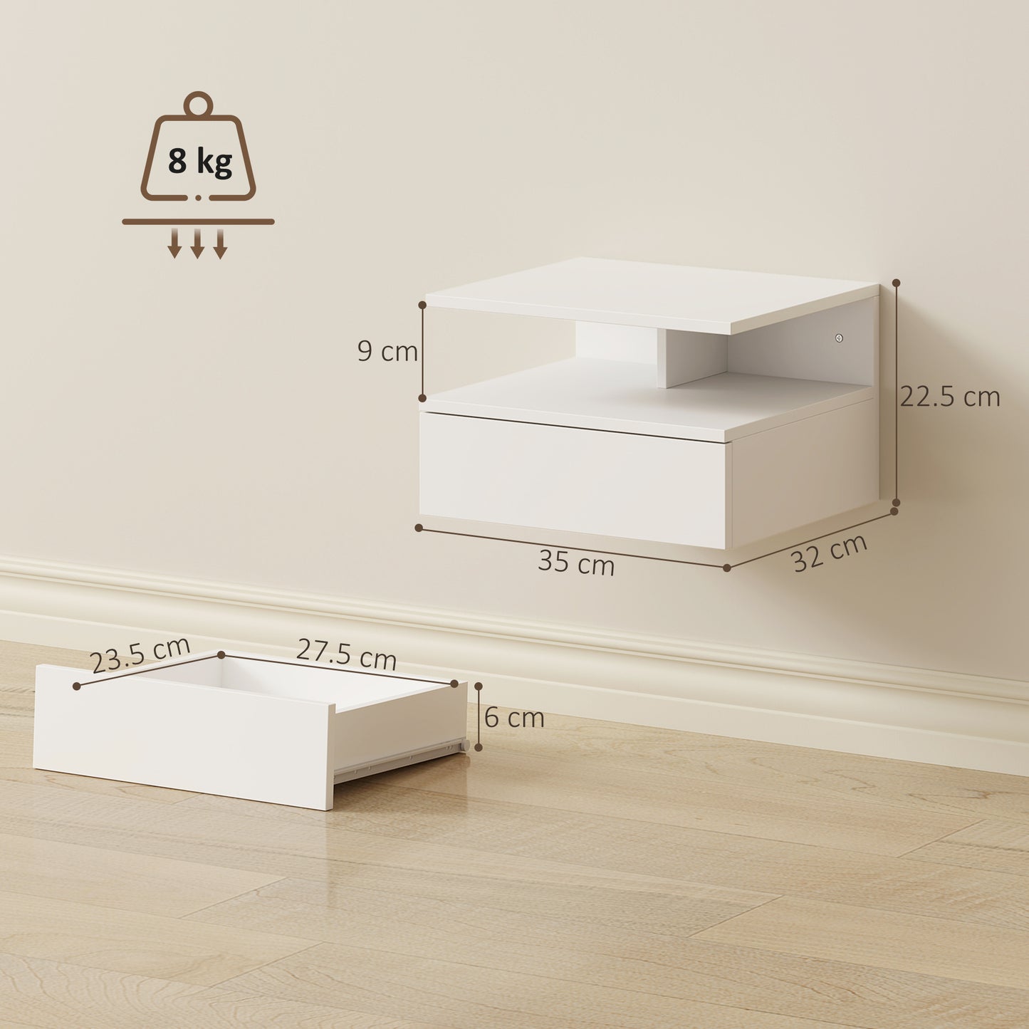 Toriro White Set Of 2 Floating Wall Mounted Bedside Tables 1 Drawer 1 Shelf